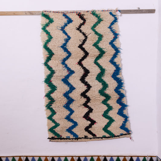 Vintage Azilal Moroccan Rug - Handwoven Wool Runner with Zigzag Pattern - Cream, Green, Blue & Black Berber Carpet