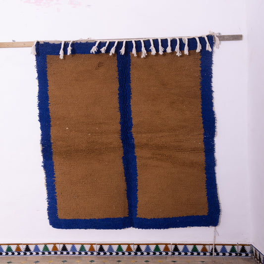 Minimalist Boujad Rug – New Moroccan Wool Rug – Modern Brown & Blue Color Block Design – Handwoven Berber Wall Hanging or Floor Accent