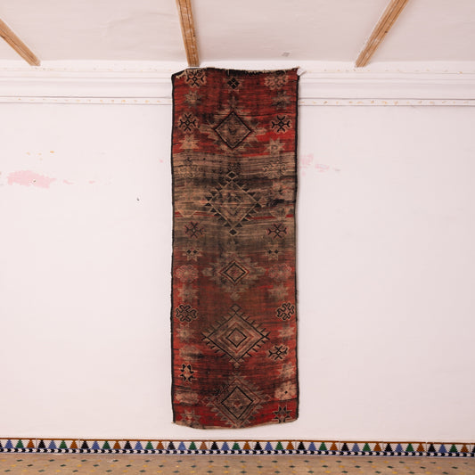 Vintage Moroccan Corridor Runner Rug - Handwoven Berber Wool Carpet - Deep Red & Brown Diamond Design - 80% Wool 20% Cotton - Tribal Symbols