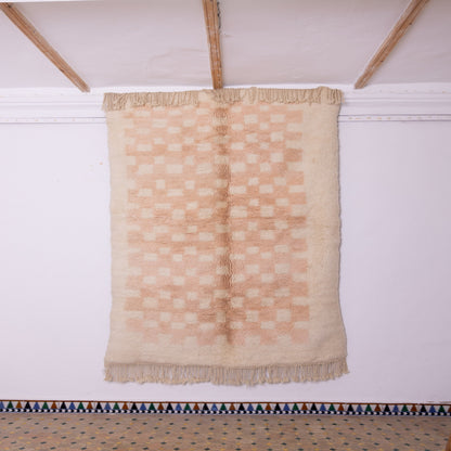 Handmade Mrirt Rug – 100% Wool Moroccan Berber Carpet – Cream & Blush Checkered Wool Rug – Luxury Minimalist & Modern Home Decor