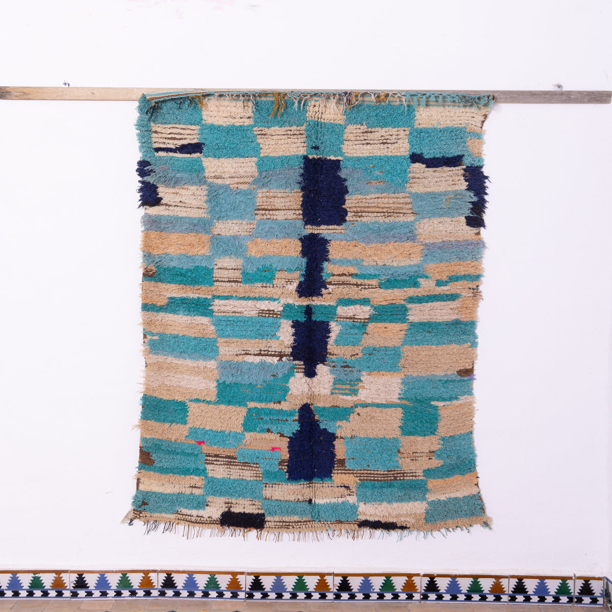 Vintage Moroccan Boucherouite Rug – Handwoven Berber Carpet in Shades of Blue & Beige
