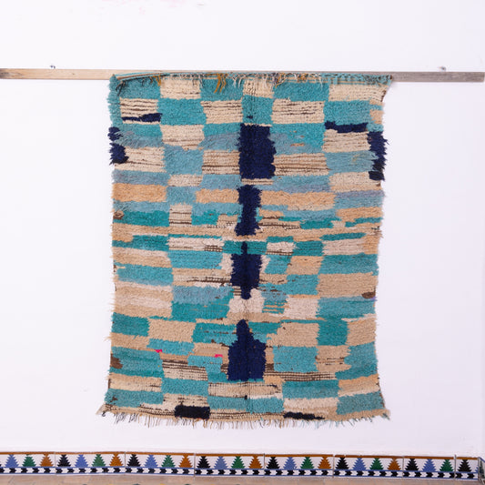 Vintage Moroccan Boucherouite Rug – Handwoven Berber Carpet in Shades of Blue & Beige