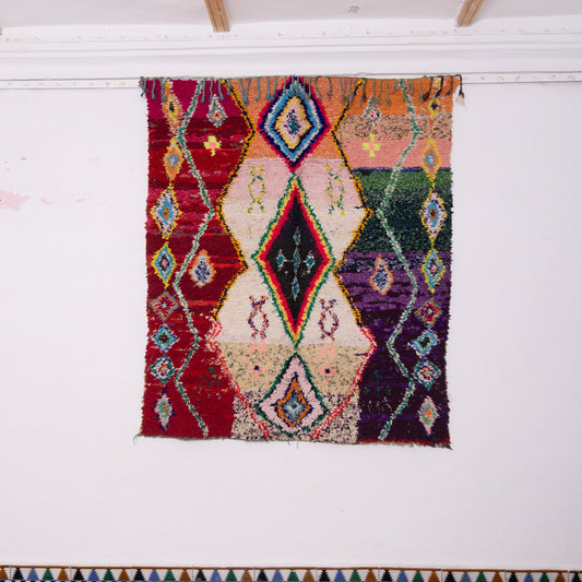 Vintage Moroccan Boucherouite Rug – Handwoven Berber Carpet – Colorful Geometric Diamond Design