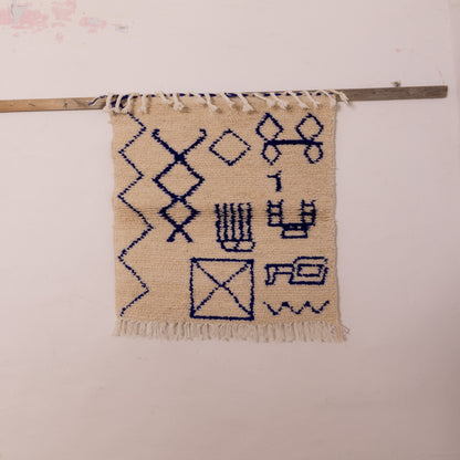New Handmade Azilal Wool Rug - Abstract Blue Moroccan Symbols on Cream - Modern Tribal Wall or Floor Decor