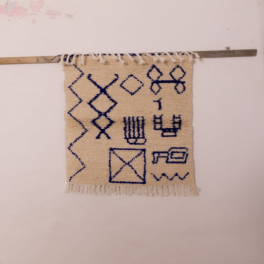 New Handmade Azilal Wool Rug - Abstract Blue Moroccan Symbols on Cream - Modern Tribal Wall or Floor Decor