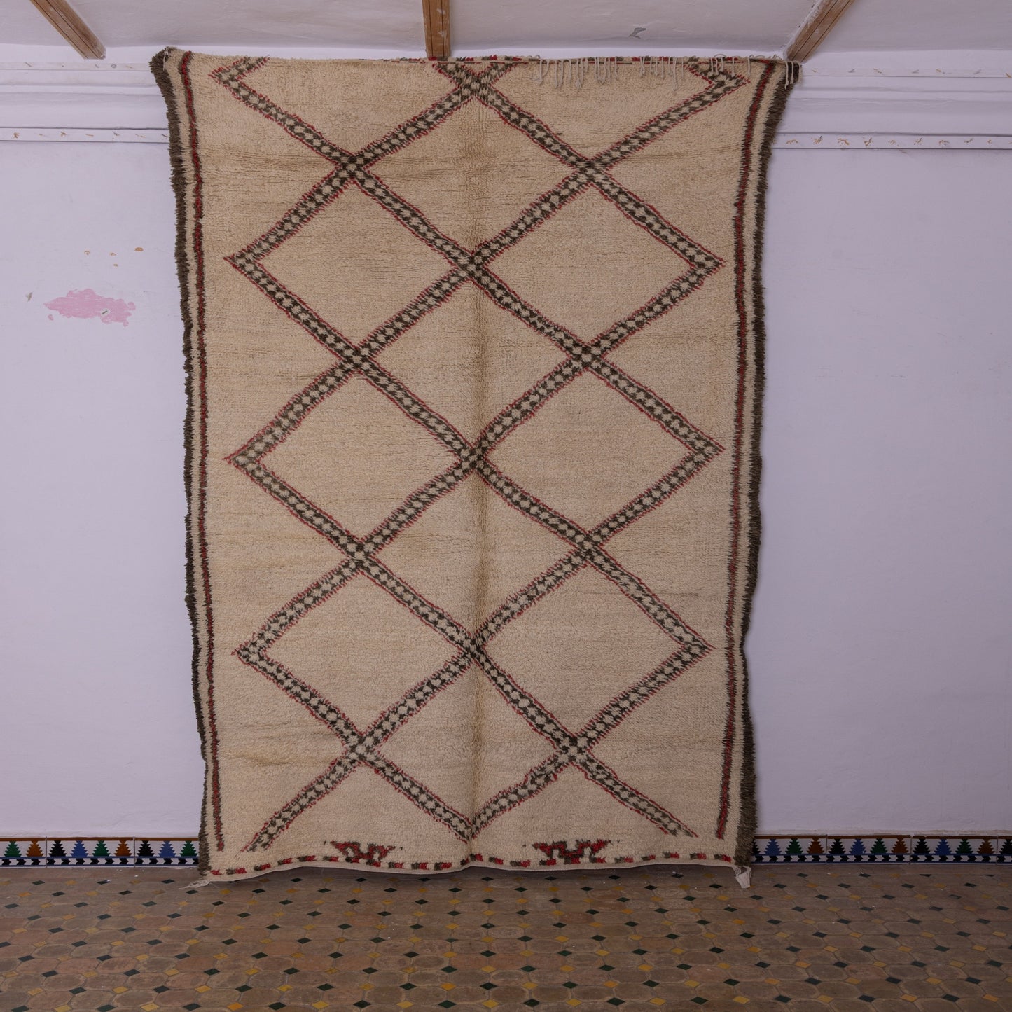 Vintage Moroccan Berber Rug – Handwoven Wool Carpet with Red & Black Tribal Diamonds ; 10,66 ft / 5,91 ft