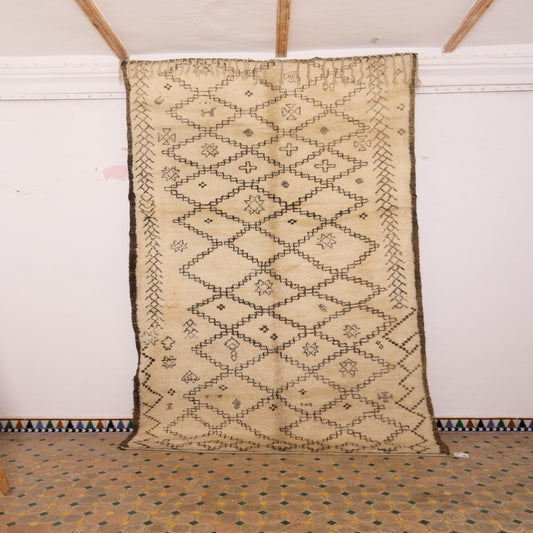 Vintage Moroccan Beni Ourain Rug - Handwoven Wool Tribal Carpet with Berber Symbols - Cream & Black - Authentic Berber Decor