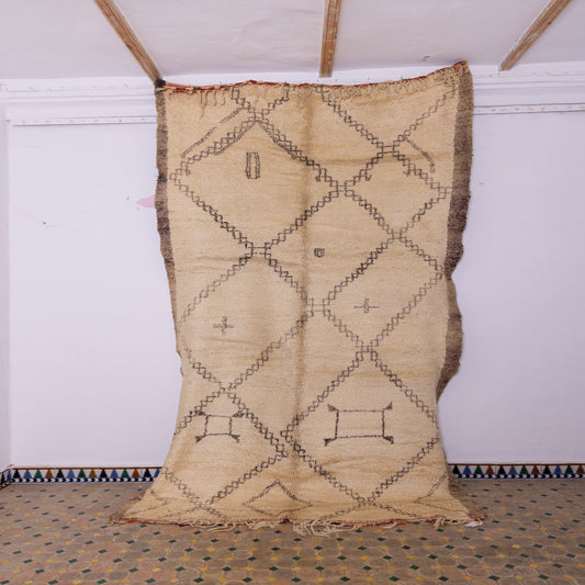 Vintage Moroccan Beni Ourain Rug – Handwoven Wool Berber Carpet – Geometric Diamond & Tribal Symbols – Bohemian & Rustic Home Decor
