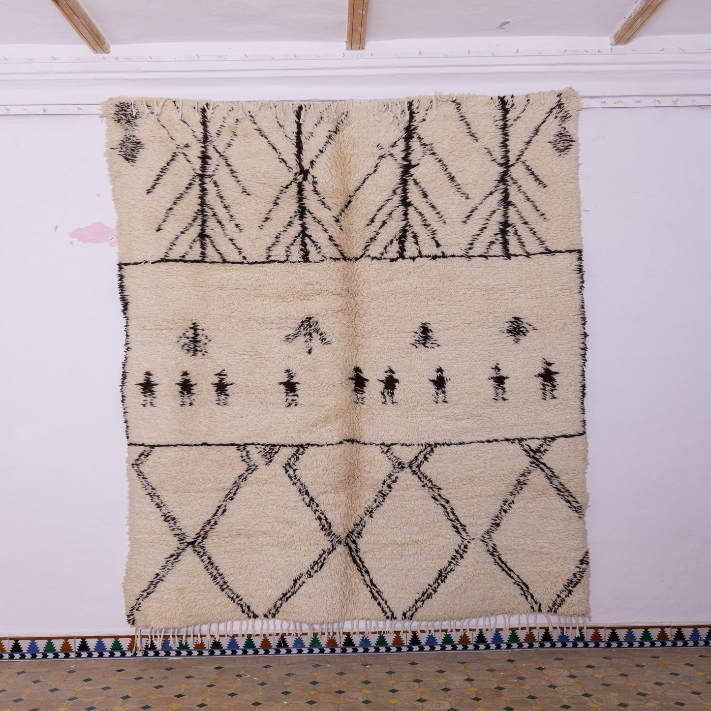 Handwoven Moroccan Beni Ourain Rug – Unique Tribal & Diamond Design – Authentic Wool Berber Carpet – Bohemian & Ethnic Home Decor ;  9,35 ft / 6,23 ft