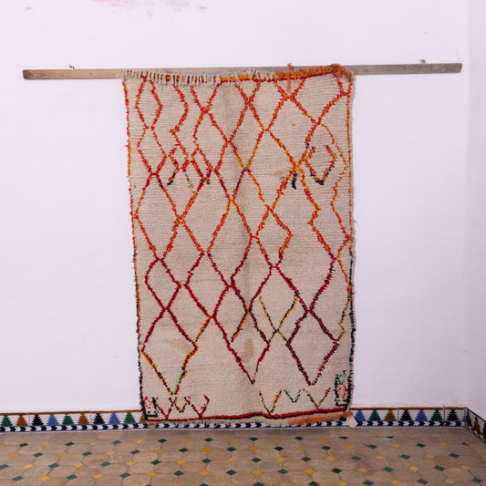 Ember Lines  – Vintage Azilale Rug with Fiery Red Lattice Motif