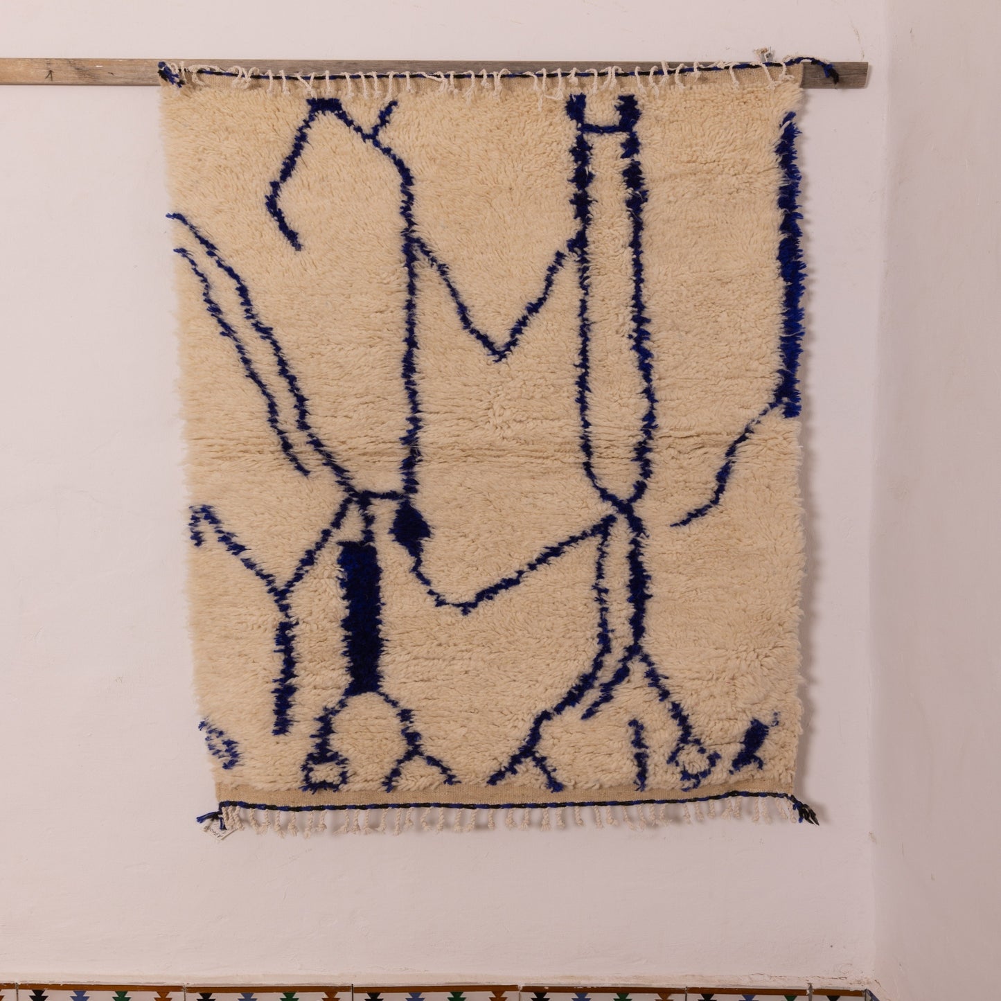 Abstract Moroccan Berber Wool Rug - Modern Indigo Blue Line Art on Cream Wool - Handwoven Azilal Style Decor