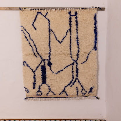 Abstract Moroccan Berber Wool Rug - Modern Indigo Blue Line Art on Cream Wool - Handwoven Azilal Style Decor