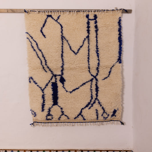 Abstract Moroccan Berber Wool Rug - Modern Indigo Blue Line Art on Cream Wool - Handwoven Azilal Style Decor