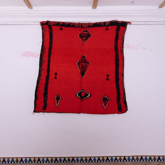 Vintage Moroccan Berber Rug – Handwoven Red & Black Wool Carpet, Bold Tribal Geometric Design, Unique Handmade Talsint Rug, Bohemian Home Décor