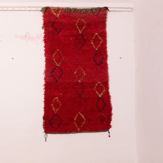 Vintage Moroccan Corridor Rug - Red Wool Runner with Diamond Motif - Berber Hallway Carpet