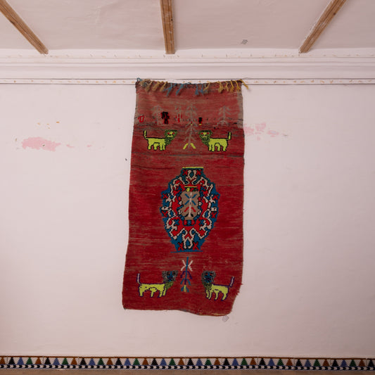 Vintage Moroccan Corridor Runner Rug - Handwoven Wool Carpet - Whimsical Geometric Design with Green Dogs