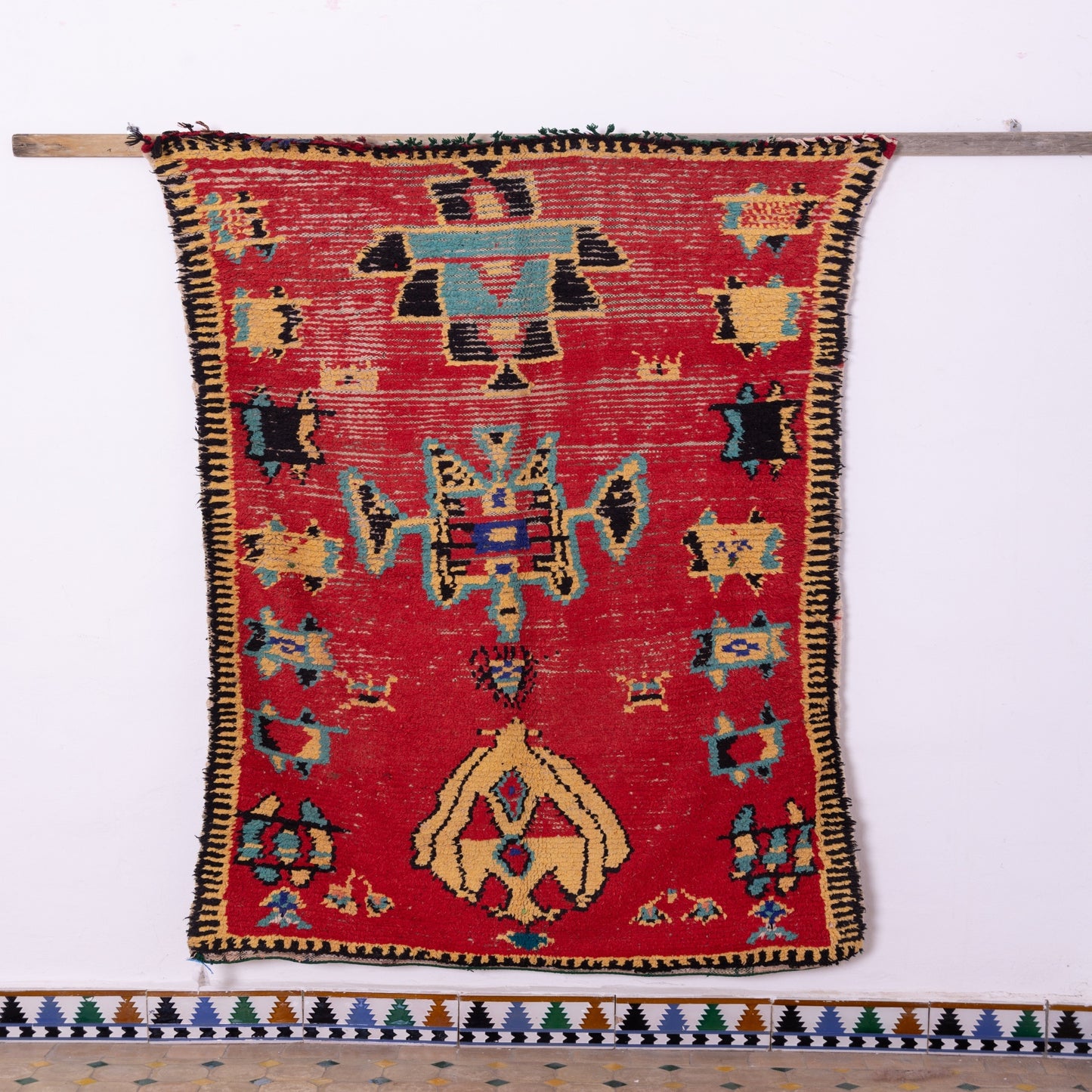 Vintage Moroccan Azilal Rug - Tribal Symbols on Bold Red - 100% Wool Handwoven Art