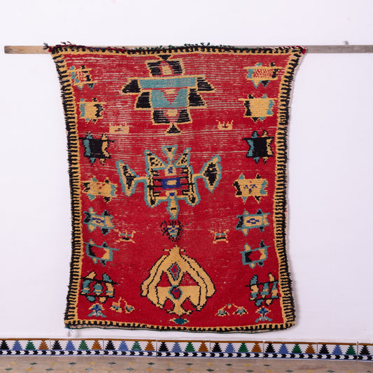 Vintage Moroccan Azilal Rug - Tribal Symbols on Bold Red - 100% Wool Handwoven Art