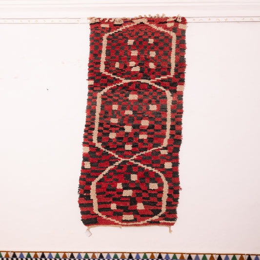 Vintage Moroccan Berber Runner Rug - 80% Wool Handwoven Corridor Carpet - Red & Black Boucherouite-Style Hallway Rug - Tribal Boho Decor