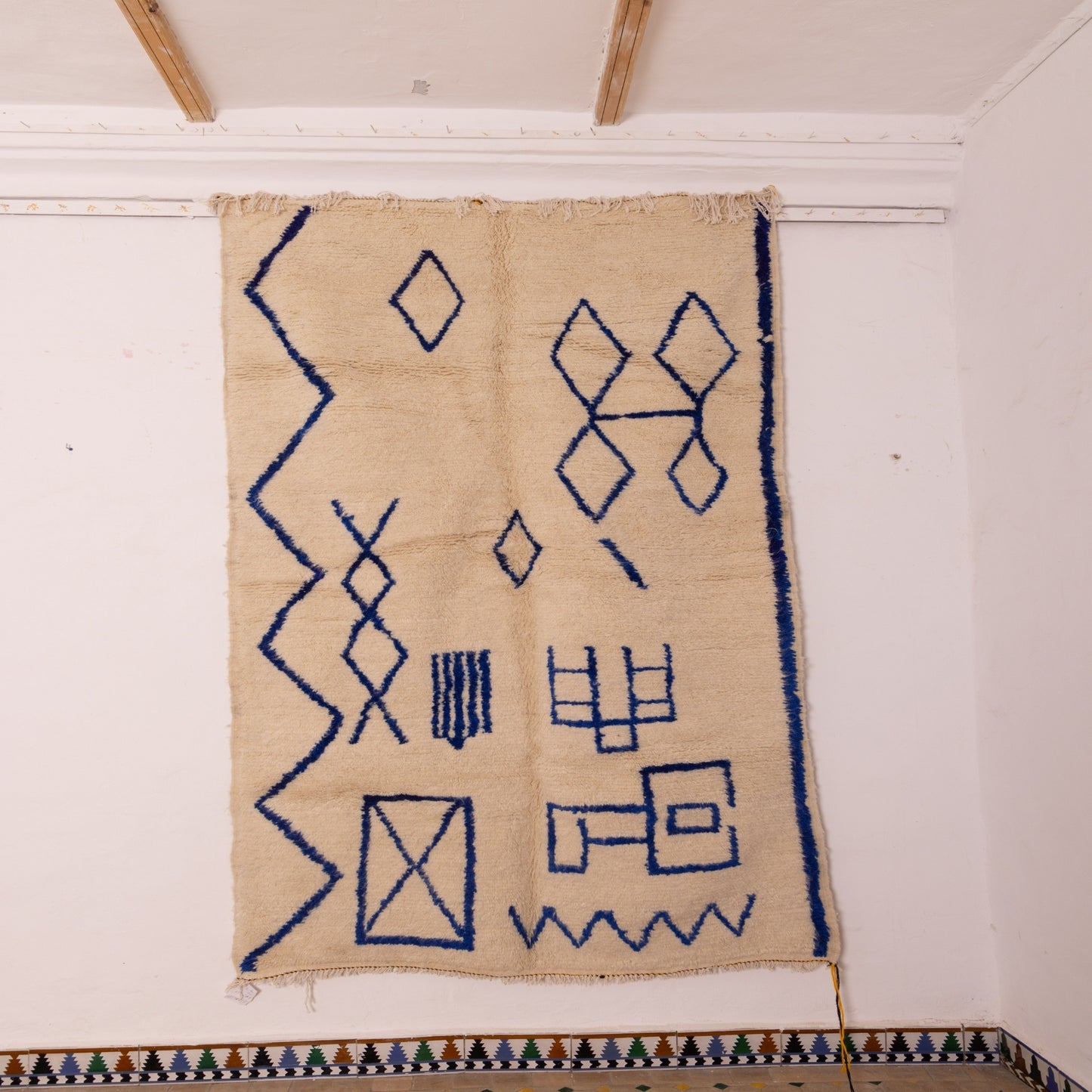 Blue Geometric Azilal Rug - Handwoven Moroccan Berber Carpet - 80% Wool 20% Cotton - Modern Tribal Minimalist Decor