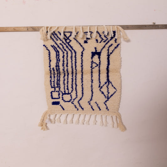 New Handmade Azilal Wool Rug - Abstract Blue Geometric Pattern on Cream - Tribal Berber Art for Wall or Floor