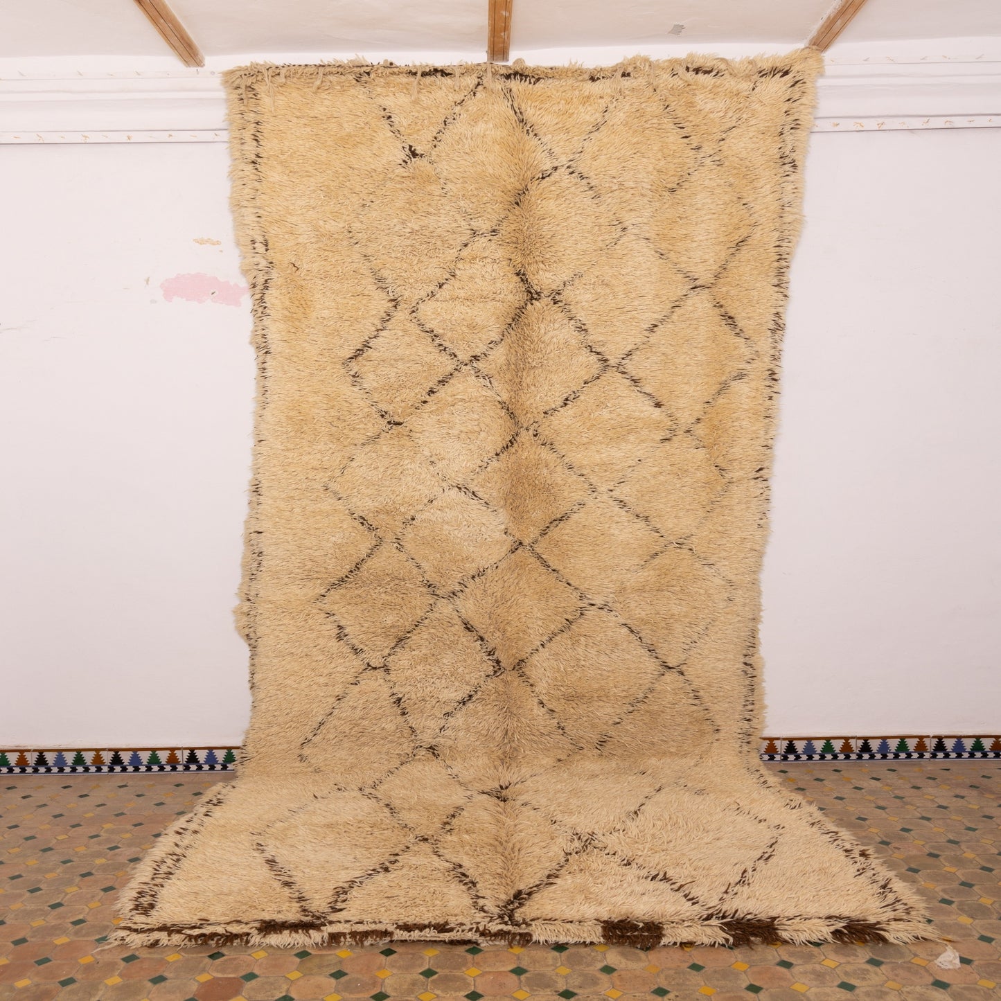 Extra Plush Beni Ourain Moroccan Rug | Thick Wool Vintage Carpet | Handwoven Diamond Pattern | Golden Beige & Brown Border | 100% Wool | Large Cozy Rug  ; 15,09 ft / 6,56 ft