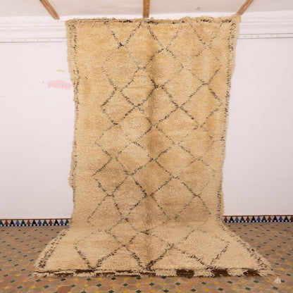 Extra Plush Beni Ourain Moroccan Rug | Thick Wool Vintage Carpet | Handwoven Diamond Pattern | Golden Beige & Brown Border | 100% Wool | Large Cozy Rug  ; 15,09 ft / 6,56 ft