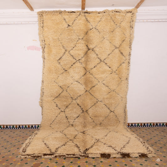 Extra Plush Beni Ourain Moroccan Rug - Thick Wool Vintage Carpet - Handwoven Diamond Pattern - Golden Beige & Brown Border - 100% Wool - Large Cozy Rug