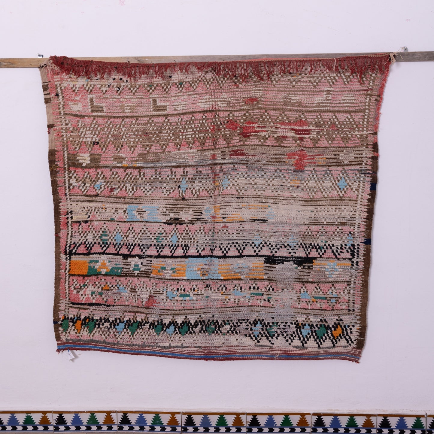 Vintage Azilal Rug - Faded Tribal Symphony in Soft Pink, Rust & Teal - Moroccan Handwoven Wool Art