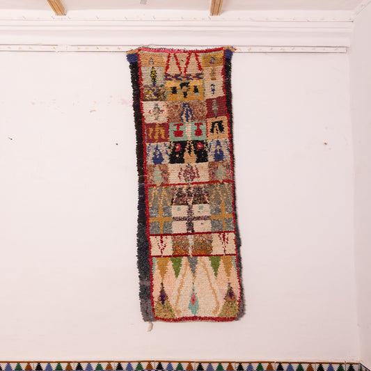 Vintage Moroccan Corridor Rug - Patchwork-Style Runner with Tribal Motifs & Figures - Handwoven Wool Berber Hallway Carpet
