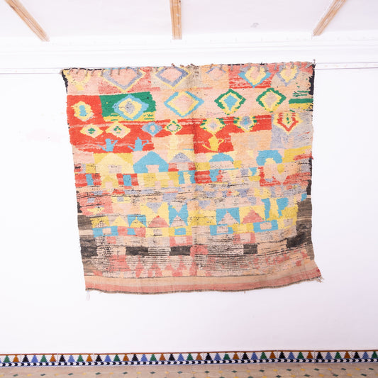 Vintage Moroccan Bjaad Rug – Handwoven Berber Wool Rug with Geometric & Village Motifs – Bohemian Colorful Statement Piece