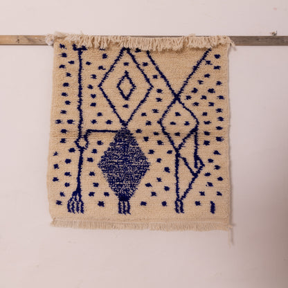 New Handmade Azilal Rug - Abstract Blue Berber Design on Cream - Moroccan Modern Tribal Wall Hanging or Floor Rug