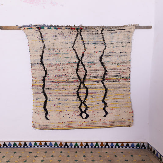 Minimalist Vintage Azilal Rug - Handwoven Moroccan Wool Carpet with Color Splashes  Tribal Berber Art