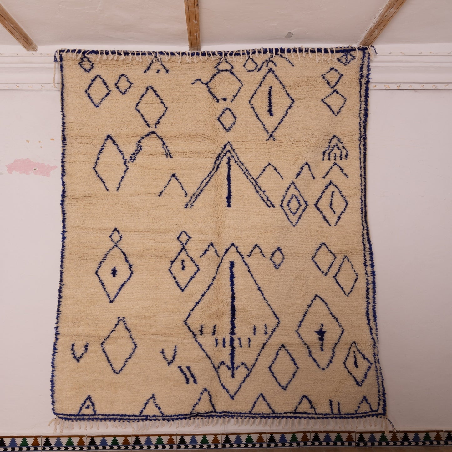 Blue & Cream Azilal Rug - 80% Wool 20% Cotton Moroccan Handmade - Minimalist Berber Tribal Carpet