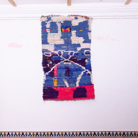 Vintage Moroccan Bjaad Rug – Handwoven Abstract Wool Carpet in Bold Blue & Red – Unique Boho Home Decor