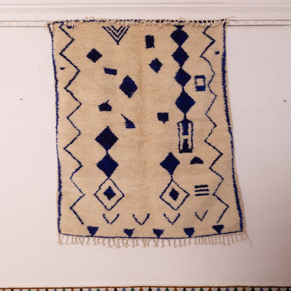 Small Blue Azilal Rug - Handmade Moroccan Wool & Cotton Berber Carpet - Geometric Boho Wall Hanging or Floor Mat