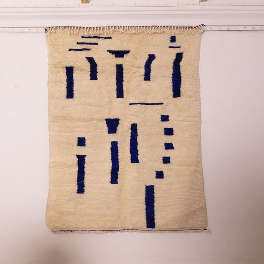 Minimalist Azilal Rug with Indigo Line Pattern - Handmade Moroccan Wool & Cotton Rug - Boho Abstract Carpet