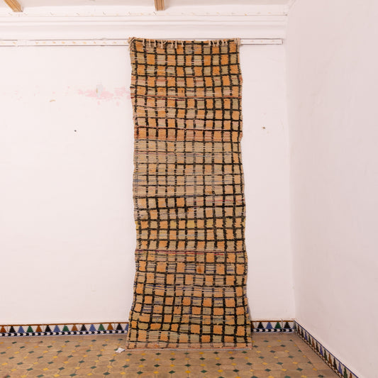 Vintage Moroccan Corridor Rug - Handwoven Neutral Grid Runner - Berber Wool Hallway Rug
