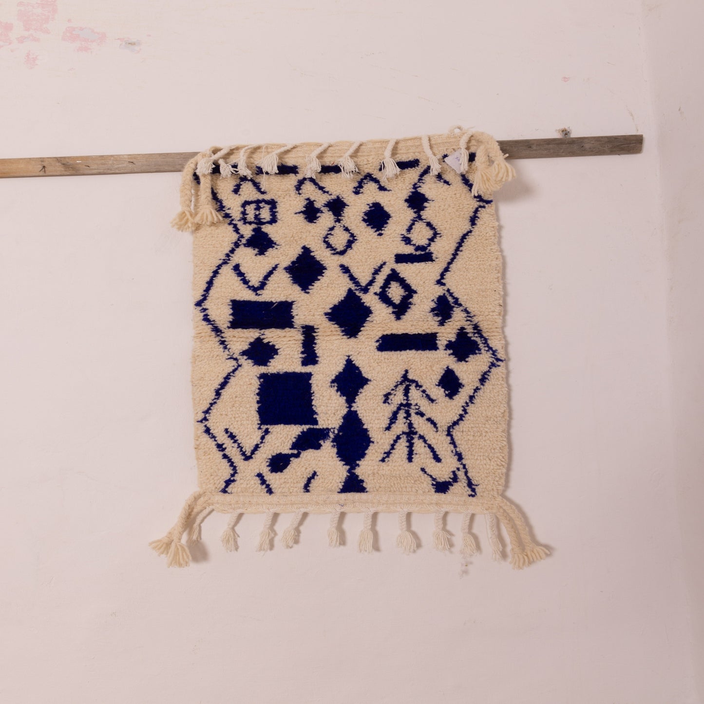 New Handmade Azilal Wool Rug - Blue Geometric Diamonds on Cream - Modern Moroccan Tribal Decor