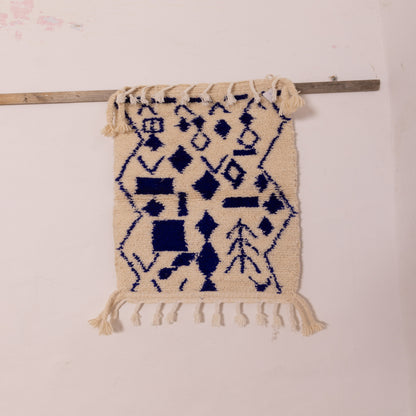 New Handmade Azilal Wool Rug - Blue Geometric Diamonds on Cream - Modern Moroccan Tribal Decor
