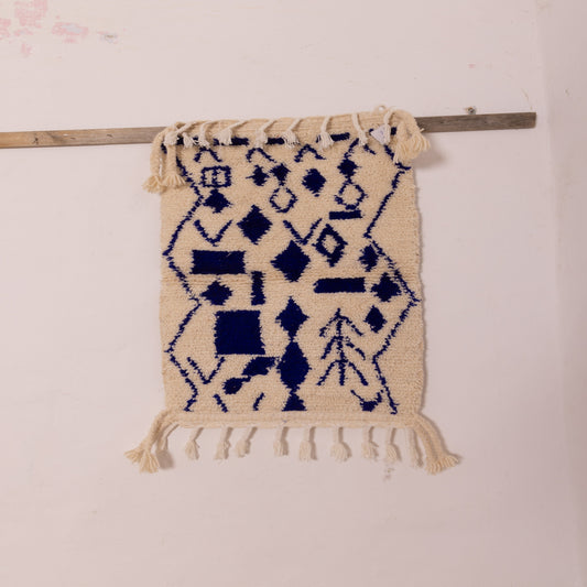 New Handmade Azilal Wool Rug - Blue Geometric Diamonds on Cream - Modern Moroccan Tribal Decor