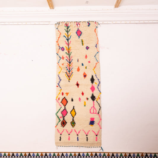 Vintage Moroccan Corridor Runner Rug - Handwoven Wool Hallway Carpet with Multicolor Tribal Motifs - Cream Berber Long Rug