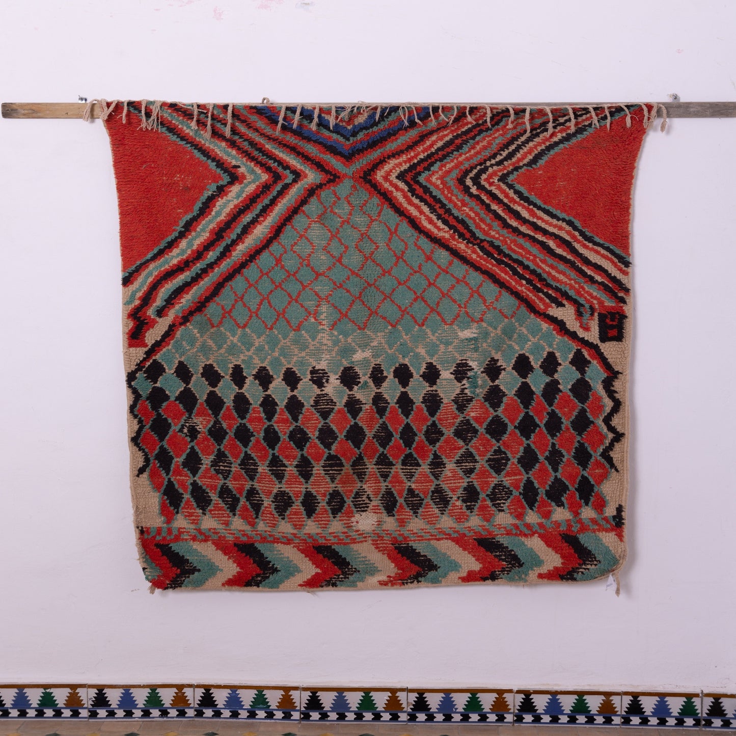 Vintage Azilal Wool Rug - Geometric Tribal Pattern - Handwoven Moroccan Tapestry