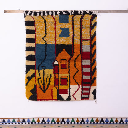 Vertical Symbol Boujad Rug – New Moroccan Wool Rug – Red, Yellow & Teal Tribal Design – Handwoven Boho Wall Hanging or Statement Rug