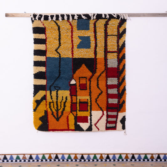 Vertical Symbol Boujad Rug – New Moroccan Wool Rug – Red, Yellow & Teal Tribal Design – Handwoven Boho Wall Hanging or Statement Rug
