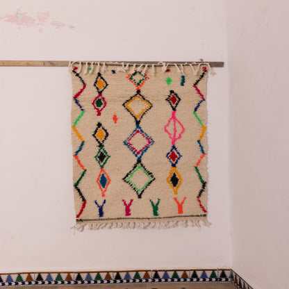 Colorful Small Azilal Rug - 80% Wool 20% Cotton Moroccan Handmade Carpet - Bright Diamond Tribal Design