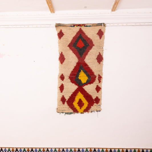 Vintage Moroccan Corridor Runner Rug - Handwoven Berber Wool Hallway Carpet - Tribal Diamond Rug in Beige, Red & Yellow - Boho Decor