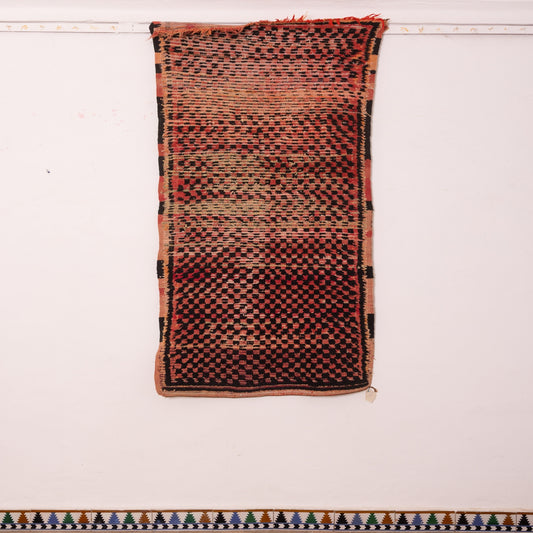 Vintage Moroccan Corridor Rug - Handwoven Flat-Weave Runner with Red & Black Checker Pattern - Traditional Berber Hallway Carpet