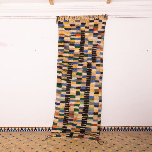 Colorful Moroccan Boucherouite Runner Rug - Handwoven Wool Corridor Carpet - Vintage Boho Hallway Rug - Multicolor Checkerboard Pattern