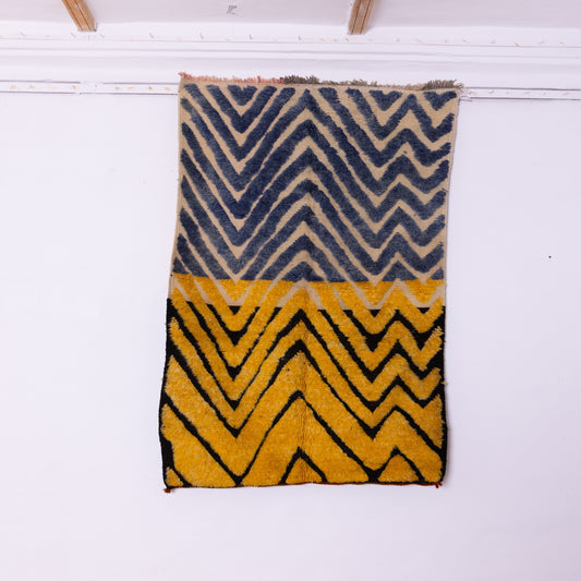 Handwoven Taznakht Moroccan Rug – 100% Wool Blue & Yellow Chevron Pattern – Authentic Berber Artisan Weaving – Bold Geometric Design